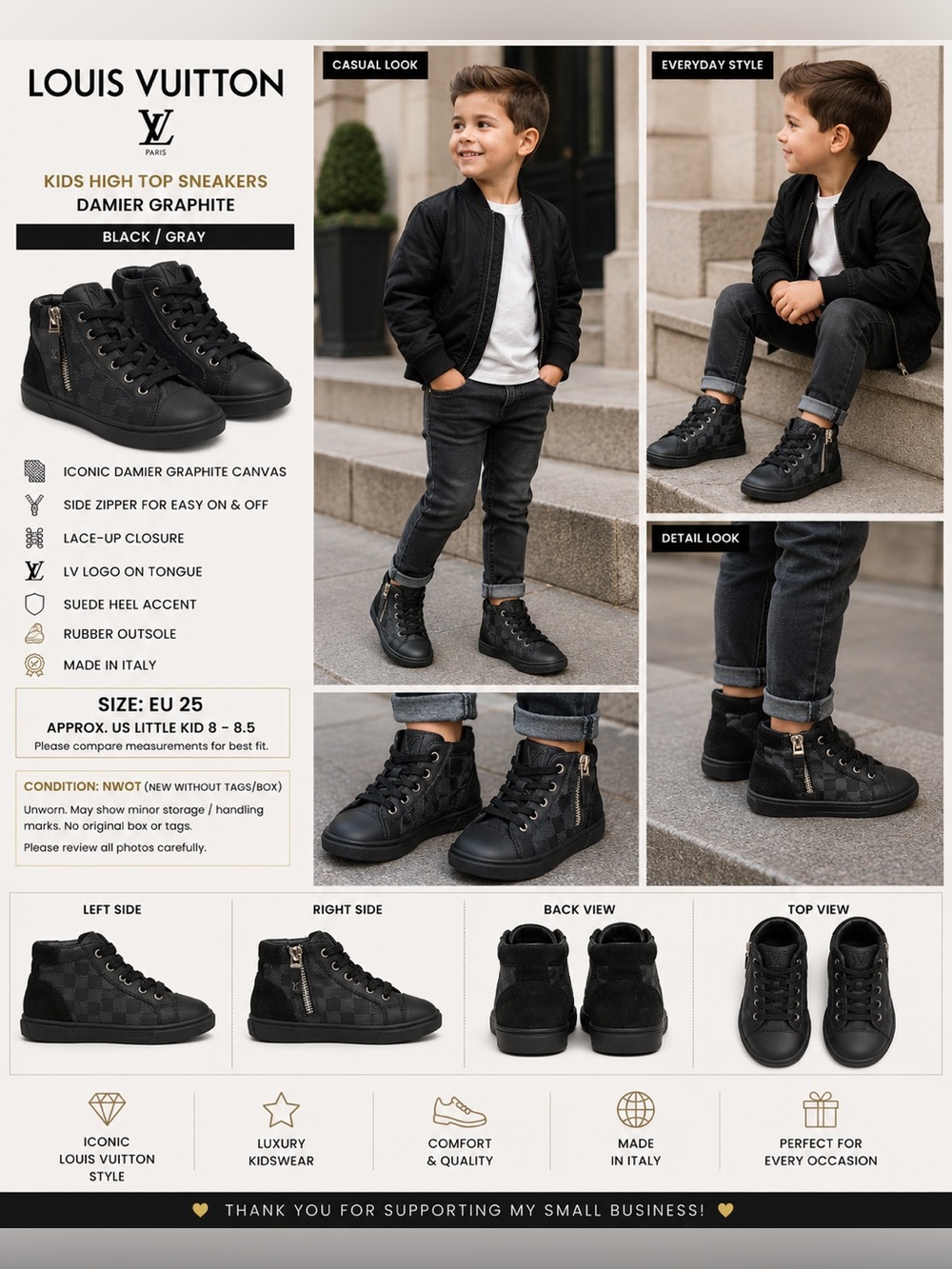 Louis Vuitton Kids High Top Sneakers EU 25 US 8 Black Damier Zip NWOT